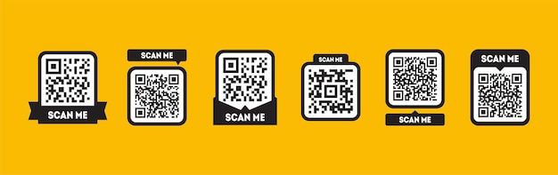 Vector scan me tag set met qr-codes qrcode pictogram voor mobiele app geïsoleerd op gele achtergrond