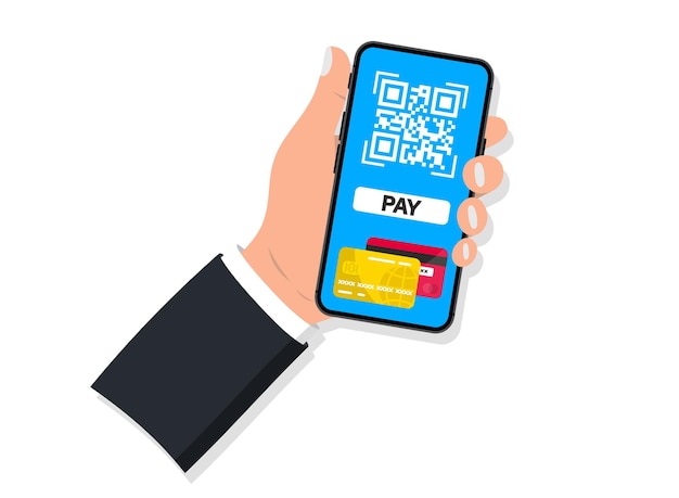 Premium Vector | Scan to pay. payment credit card using smartphone scan qr hand holding smartphone with qr code scanner. concept contactless payment , online shopping , cashless