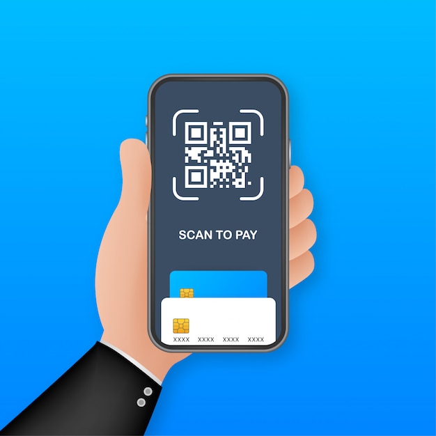 Scansione per pagare. smartphone per scansionare il codice qr su carta per dettagli, tecnologia e concetto di business. illustrazione.