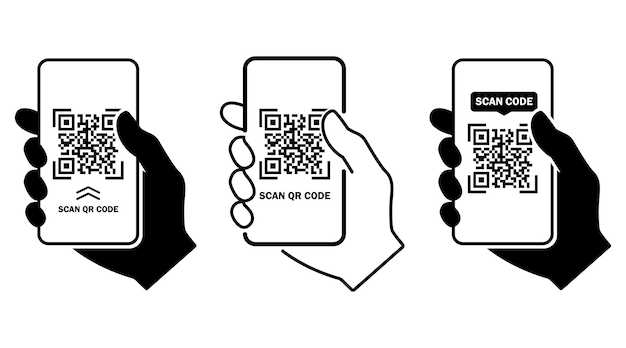 Scansiona l'icona piatta del codice qr con il telefono. codice a barre. la mano tiene lo smartphone. illustrazione vettoriale.