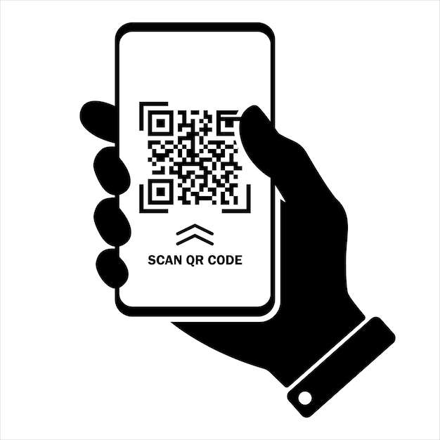 Scansiona l'icona piatta del codice qr con il telefono. codice a barre. la mano tiene lo smartphone. illustrazione vettoriale.