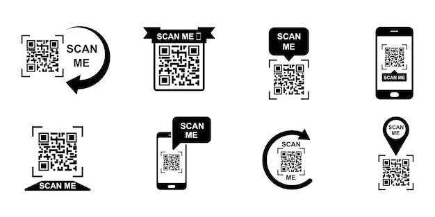 Scan QR-code op smartphone vector icon set. Scan me zwarte pictogrammen. Lezer streepjescode.