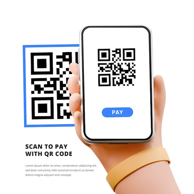 Vector scan qr code to pay finance digital banking commerce service cute cartoon hand holding phone