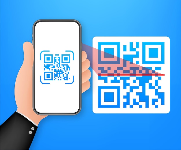 Qr 코드를 휴대폰으로 스캔합니다. 전자, 디지털 기술, 바코드. 벡터 재고 일러스트 레이 션.