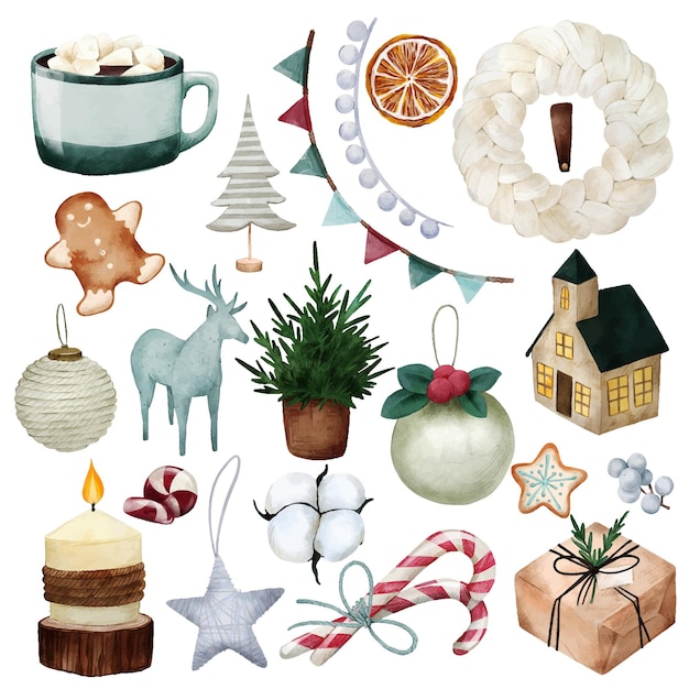 Scandi christmas elements neutral colors hand drawn