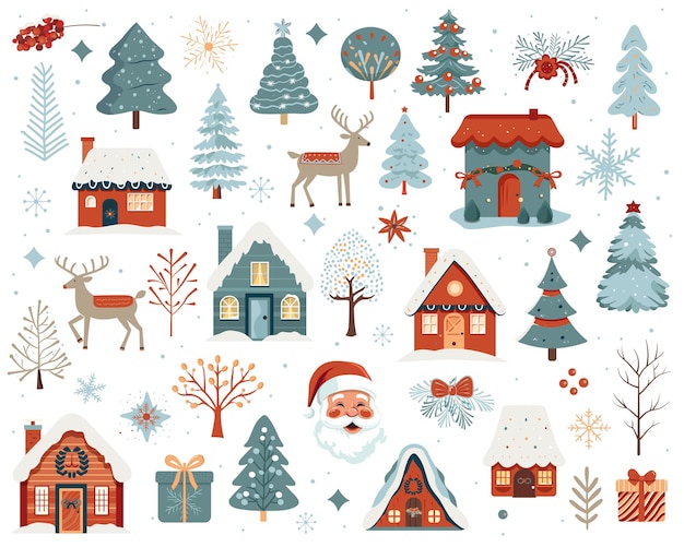 Scandi christmas illustration cute houses tree deer santa claus Set of hand drawn christmas elements