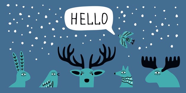 Banner invernale scandinavo. ciao poster, scarabocchiare teste di animali selvatici e uccelli, illustrazione vettoriale di nevicate