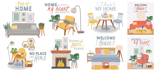 Vector scandic cozy interiors. comfy furnished living room and bedroom in hygge style with armchair, plants and cat. modern stay home vector poster. quotations about home as no place like home