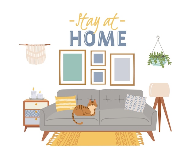 Vector scandic cozy interiors stay at home banner