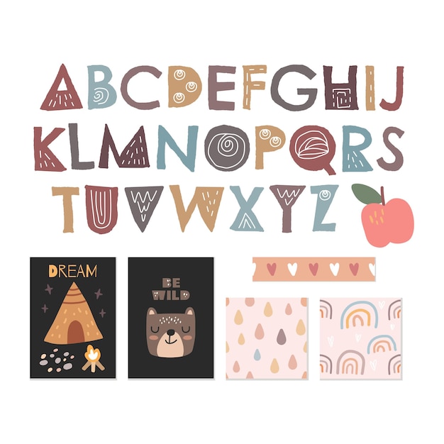 スカンジナビアのアルファベット、シームレスなパターンセットかわいいコレクション