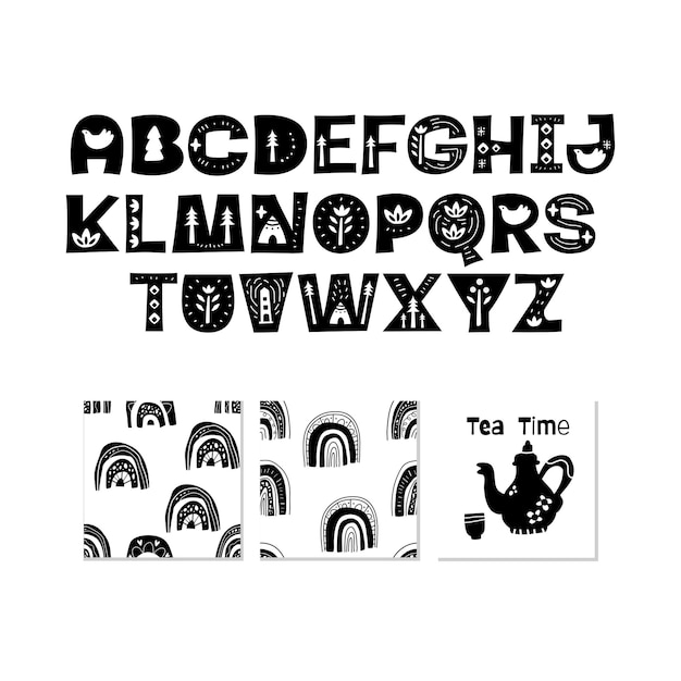 Scandinavian alphabet, seamless pattern set cute fantasy and clipart collection isolated element