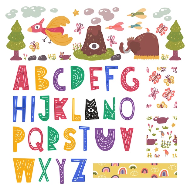 Scandinavian alphabet, seamless pattern set cute fantasy and clipart colorful collection isolated element