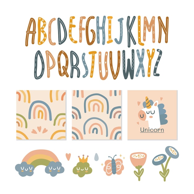 Scandinavian alphabet and seamless pattern set cute fantasy clipart colorful collection isolated element