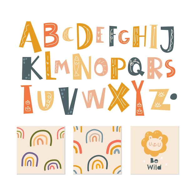 Scandinavian alphabet and seamless pattern set cute