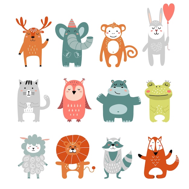 Scandinavian animal Nordic design animals nursery forest woodland characters Modern kids stickers wild fox rabbit Drawing lion and frog classy vector set