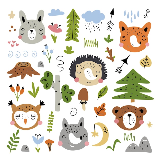 스칸디나비아 동물 세트 손으로 그린 낙서 만화 동물 숲의 요소와 어린이 포스터 엽서 어린이 티셔츠 벡터 일러스트 레이 션에 대 한 자연의 선물