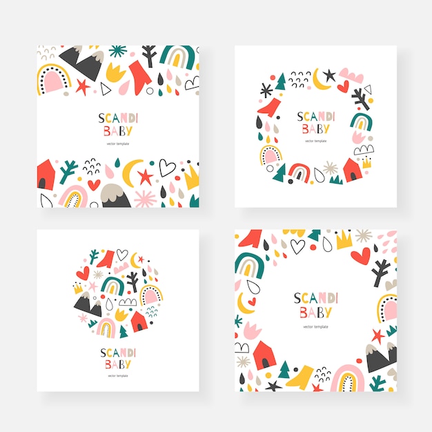 Scandinavian baby card templates with copy space, decorative frames with doodle illustrations