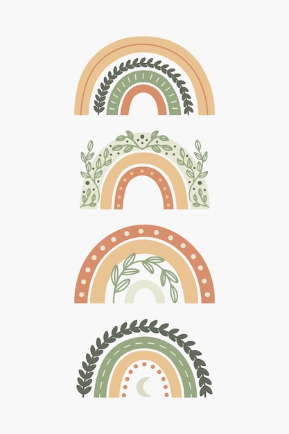 Vector scandinavian boho rainbows set with herbs branch crescent nursery decoration baby shower