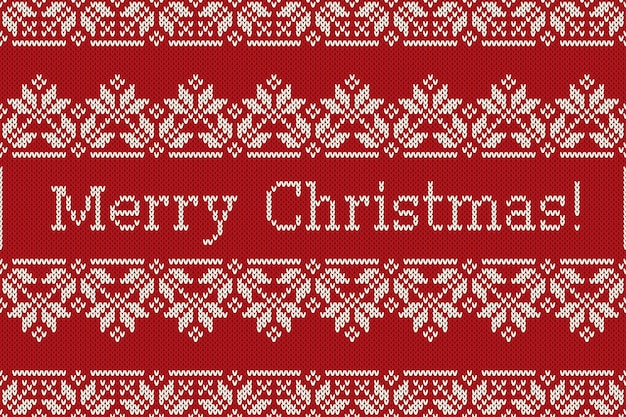 Scandinavian Fair Isle Knitting Pattern with Snowflakes and Greeting Text Merry Christmas. Seamless Knitted Background