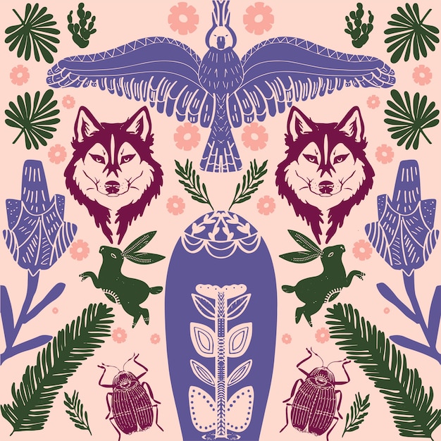 Scandinavian folk art pattern with birds and flowers 