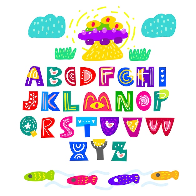 Scandinavian font set and clipart colorful collection isolated element