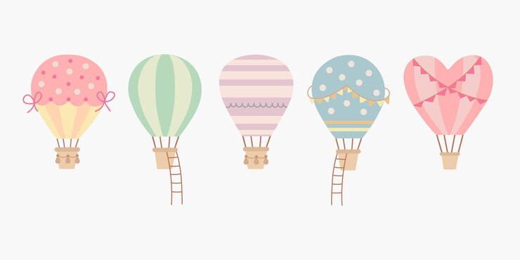 Vector scandinavian hand drawn cartoon boho cute set of aerostats in pastel colors