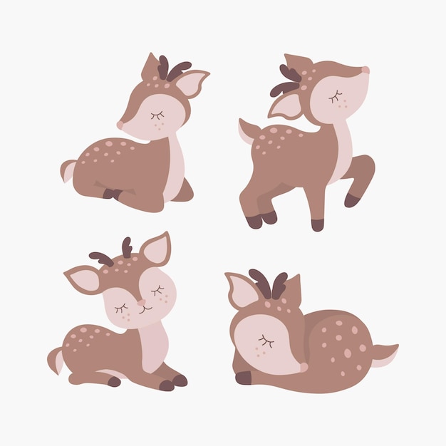 Vector scandinavian hand drawn cartoon set of cute sleeping little baby deer