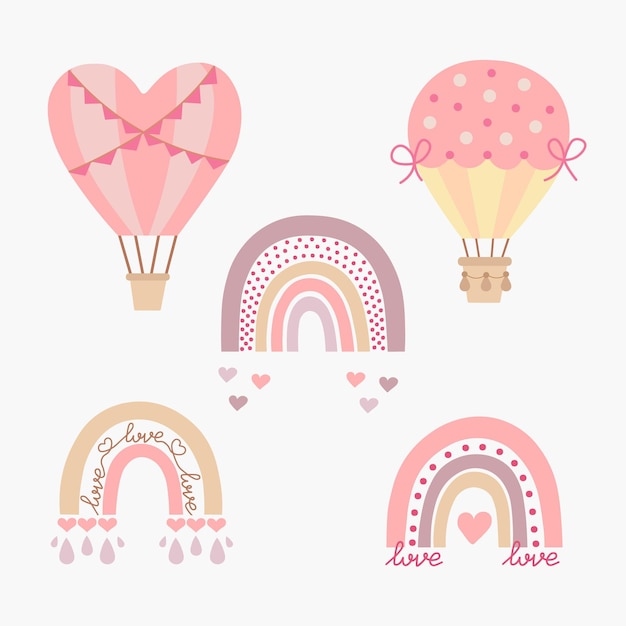 Vector scandinavian hand drawn cartoon set with pink boho rainbows and aerostats in pastel colors