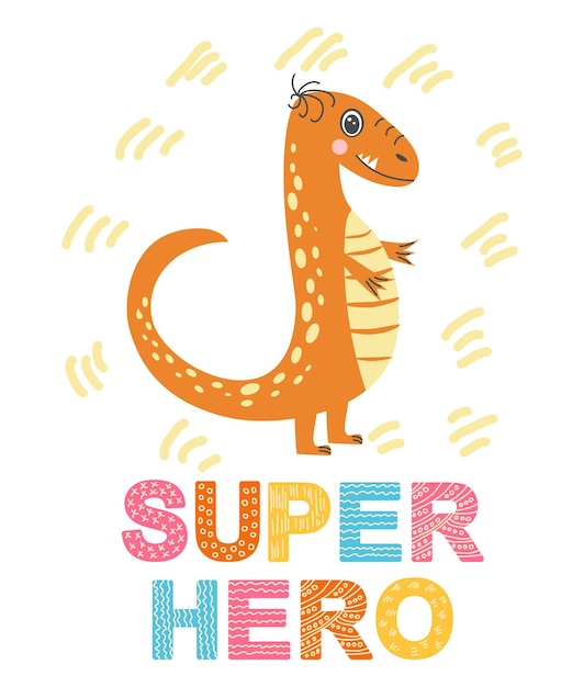 Scandinavian hand drawn illustration with dinosaur dragon for greeting card tshirt print stickers poster design