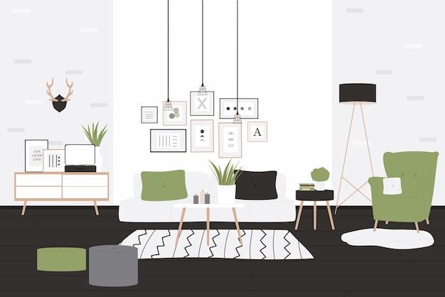 Vector scandinavian home apartment cozy modern loft interior