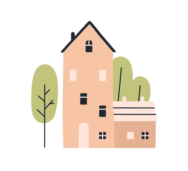 Скандинавский фасад дома, экстерьер и деревья снаружи. Милый скандинавский загородный дом на природе. Загородное здание в Скандинавии. Цветная плоская векторная иллюстрация на белом фоне.