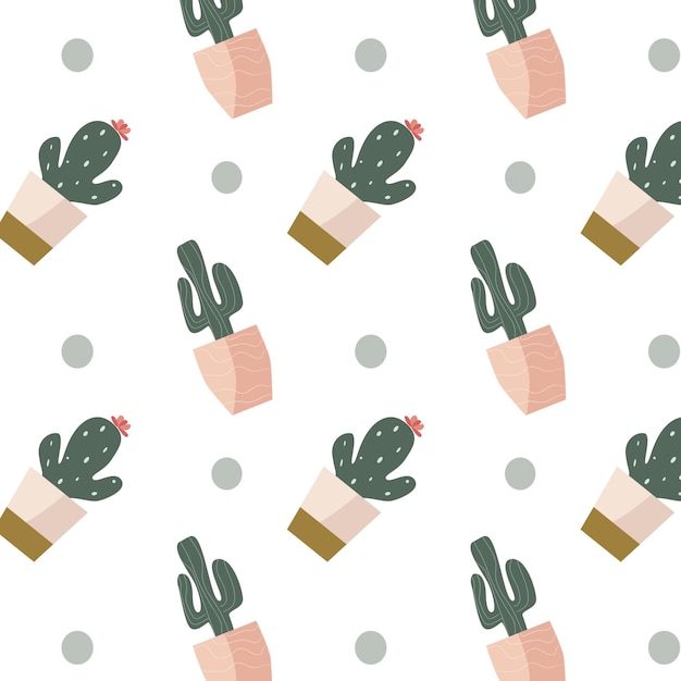 Scandinavian houseplant cactus in pot and dots seamless pattern vector illustration of succulent