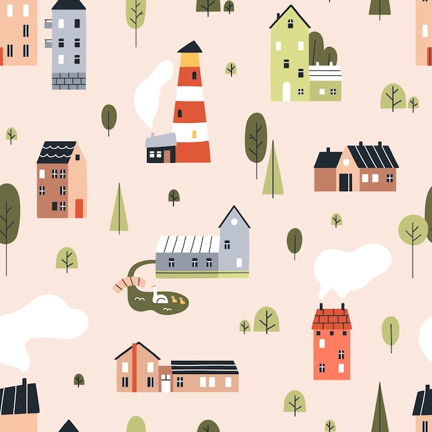 Vector scandinavian houses pattern. seamless background with cute homes, city and town buildings, lighthouse, trees. nordic endless texture design. scandi repeating print. colored flat vector illustration.