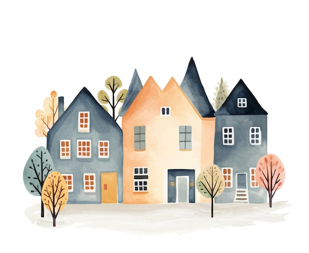 Scandinavian houses and trees Cute Scandi watercolor homes European building exterior illustration