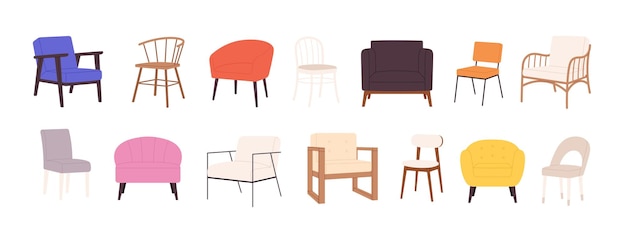 Sedie e sgabelli interni scandinavi sedie comode per il salotto elementi di decorazione di cartoni animati set vettoriale di mobili racy a poltrona isolata