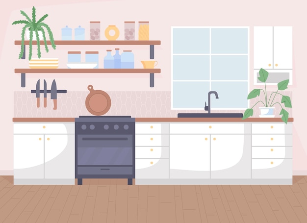 Illustrazione vettoriale di colore piatto cucina scandinava. contatori con elettrodomestico. famiglia danese in appartamento confortevole. interiore del fumetto 2d in stile nordico con arredamento sullo sfondo