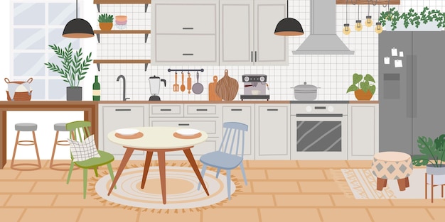 Interiore della cucina scandinava, mobili da cucina e tavolo da pranzo. cucina casalinga con mobili e frigorifero. fondo di vettore di cucina accogliente. illustrazione dell'interno scandinavo della cucina