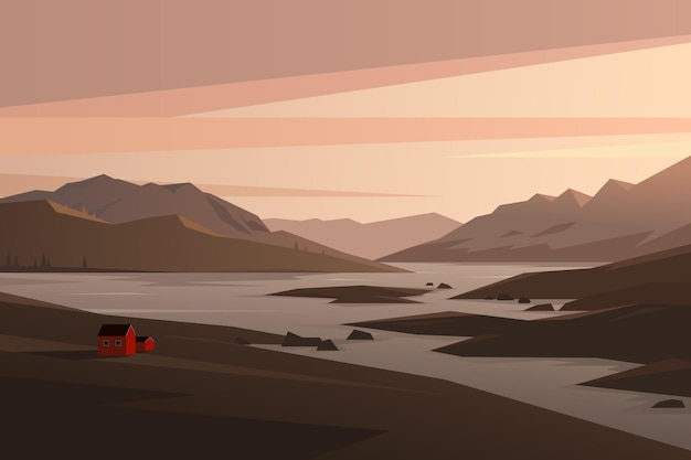 Vector scandinavian landscape house in the mountains vector illustration norwegian fjord cabin at sunset