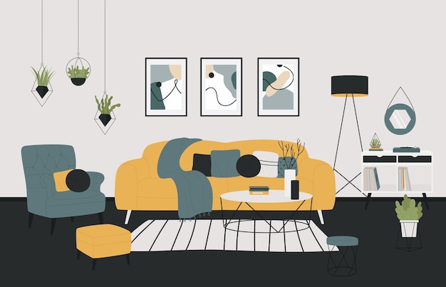 Vettore illustrazione di soggiorno accogliente casa stile minimalista scandinavo.