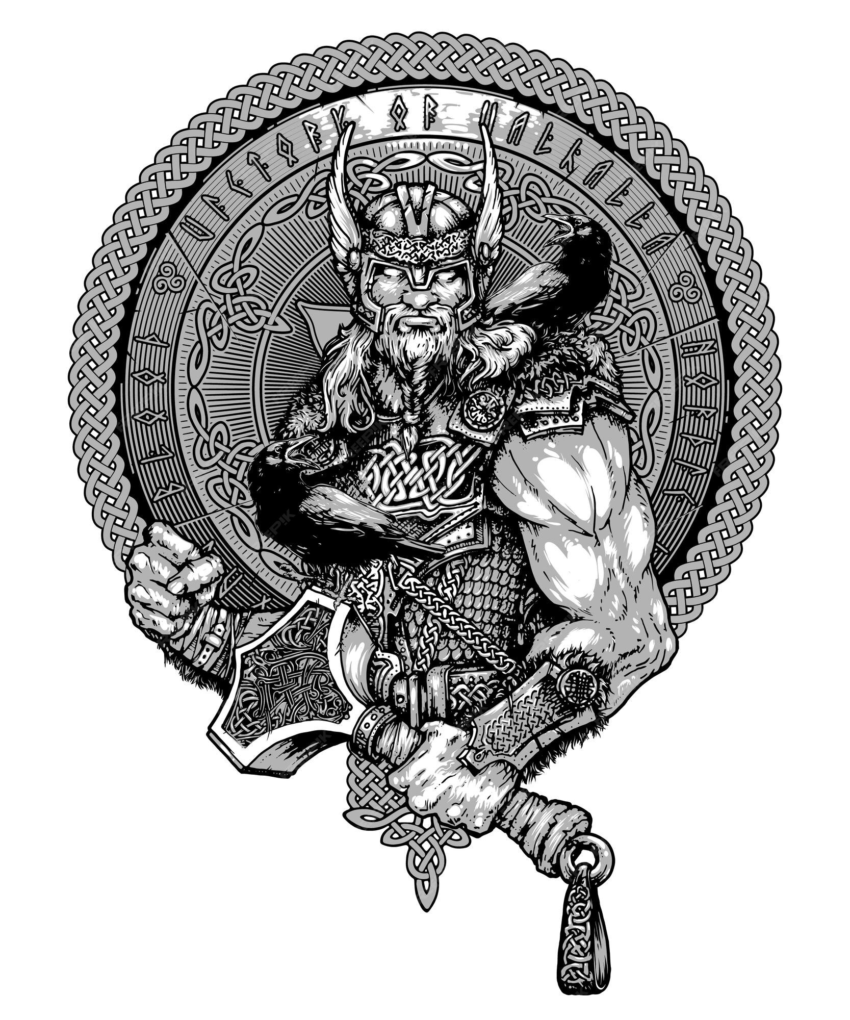 Viking tattoo and t-shirt design. Bearded barbarian of Scandinavia,sword, god  Odin, dragon. Symbol of force, courage. Scandinavian mythology. Viking  tattoo art print t-shirt design Stock Vector