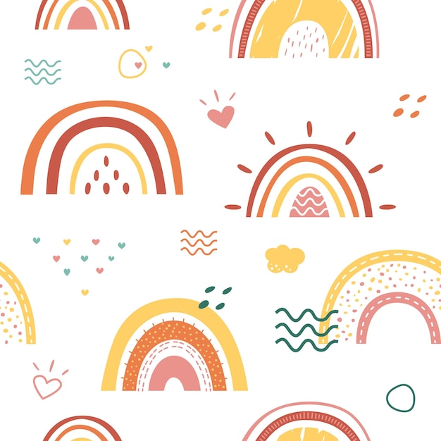 Vector scandinavian rainbow pattern drawing kids wallpaper nursery element baby textile print cute childish bohemian classy vector seamless texture