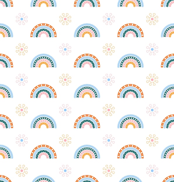 Vector scandinavian rainbow with ornaments seamless pattern