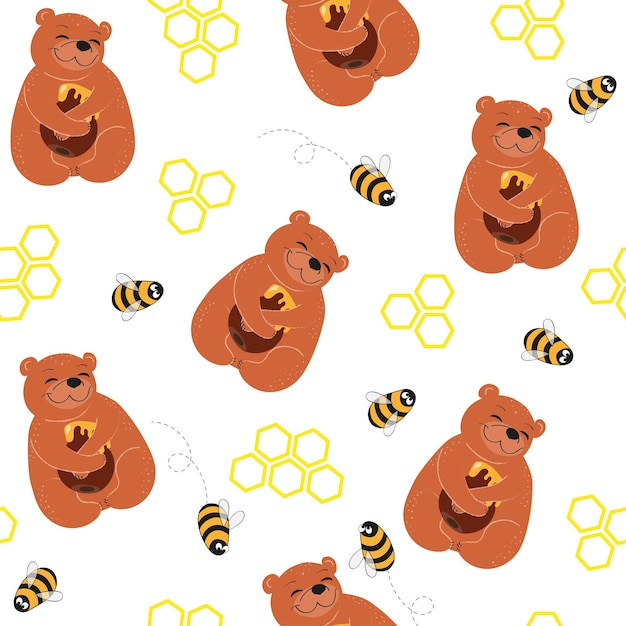 Scandinavian seamless flat background with cute bears with honey bees and honeycombs Pattern flyer congratulation invitation poster banner card web packaging paper textilex9