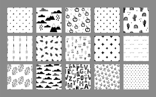 Scandinavian seamless patterns endless hand drawn decorative monochrome design for textile