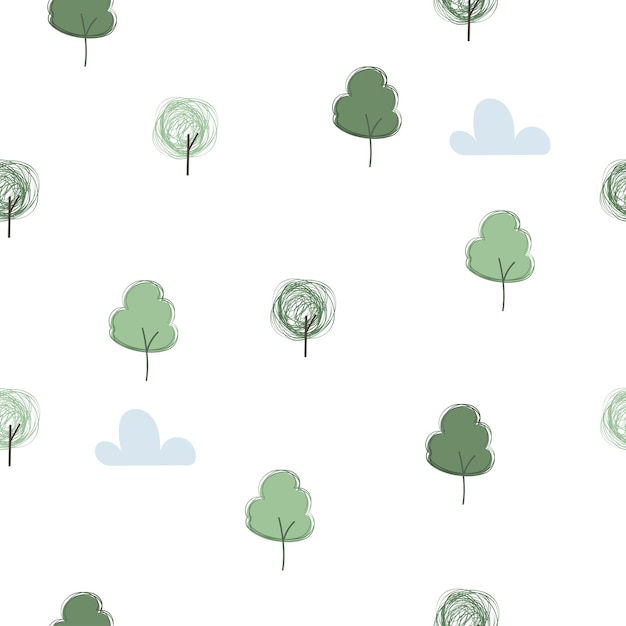 Scandinavian simple seamless pattern for kids Naive minimalist trees Cartoon hand drawn Vector