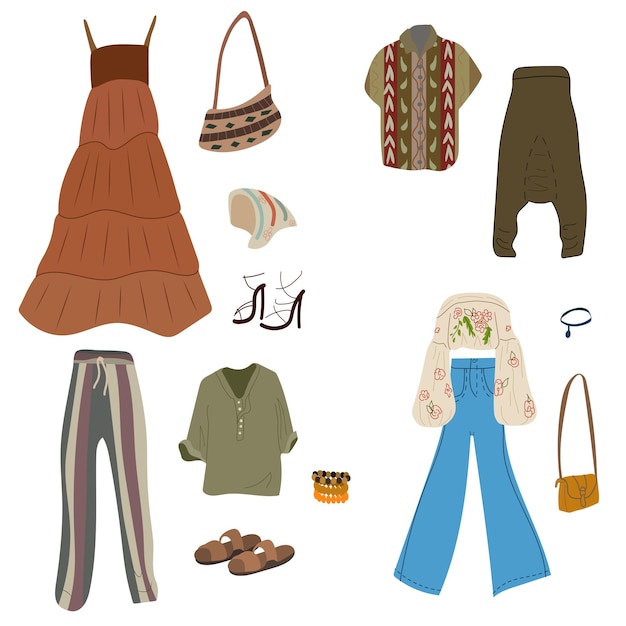 Scandinavian style boho clothing set Men's and women's clothing Vector illustration