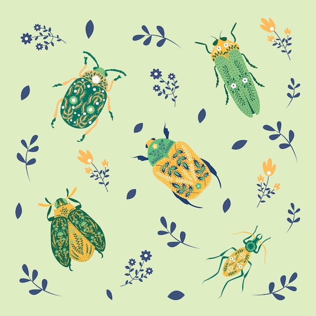 Vector scandinavian style bugs hand drawn colored vector seamless pattern