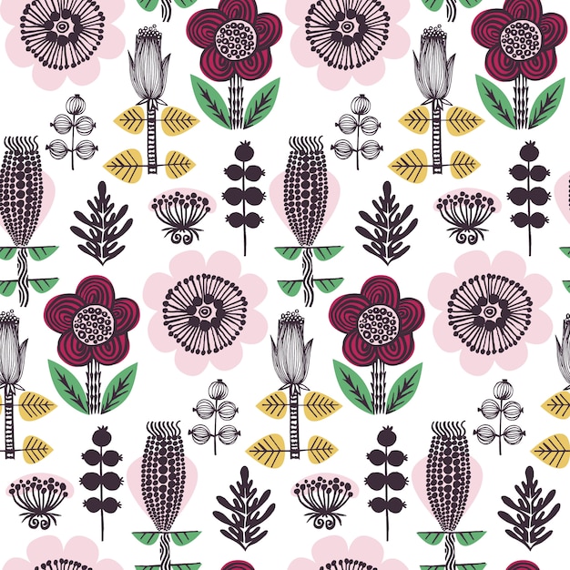 Vector scandinavian style flower pattern. yellow, pink, red, green hand drawn elements