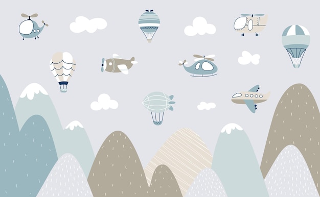 Scandinavian style kids landscape Aircraft flying over mountain childish banner with air transport and rocks Nursery print cartoon nowaday vector background