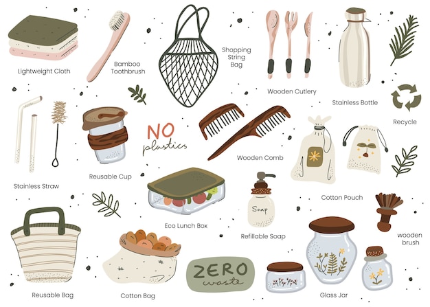 Vettore elementi disegnati a mano in stile scandinavo zero waste